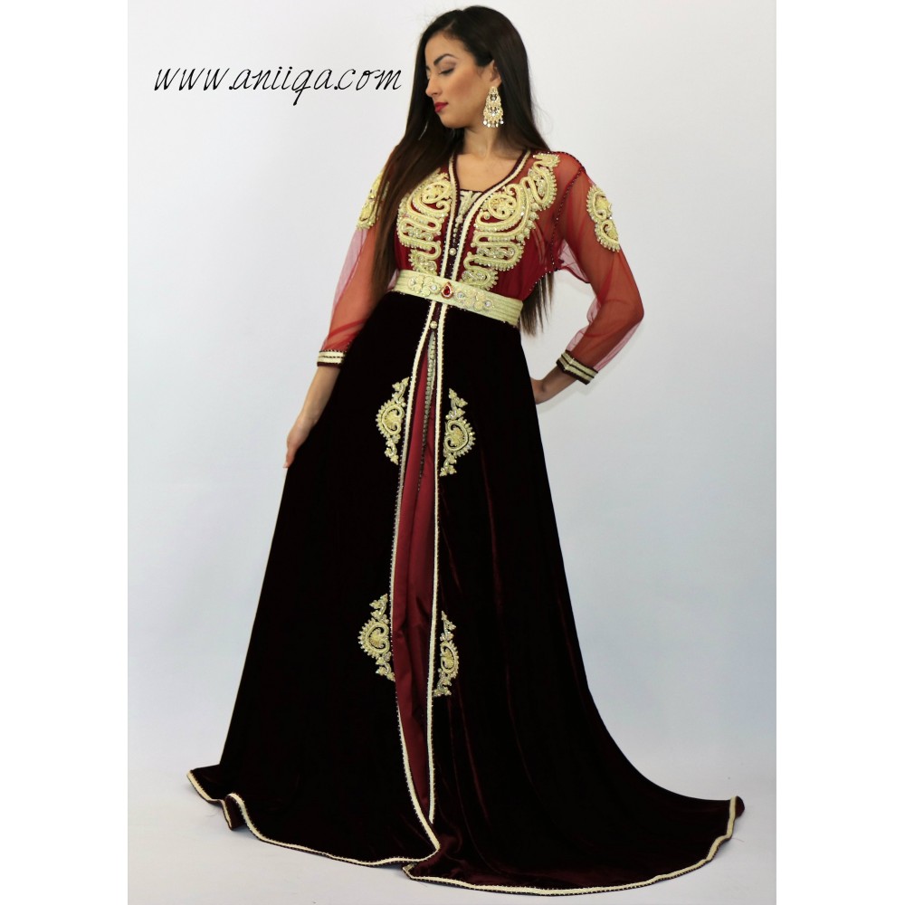 caftan marocain moderne rouge bordeaux  , jupon en velours