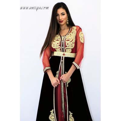 caftan marocain moderne rouge bordeaux  , jupon en velours