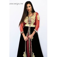 caftan marocain moderne rouge bordeaux  , jupon en velours