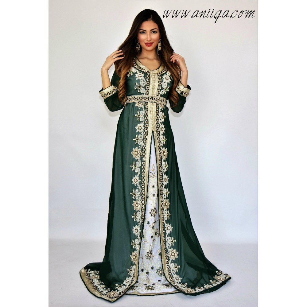Caftan marocain Vert Satin robe oriental Chic moderne MY22 Caftan R