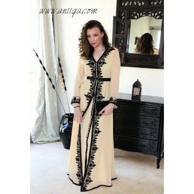 Caftan moderne beige et noir, robe orientale moderne, robe arabe moderne