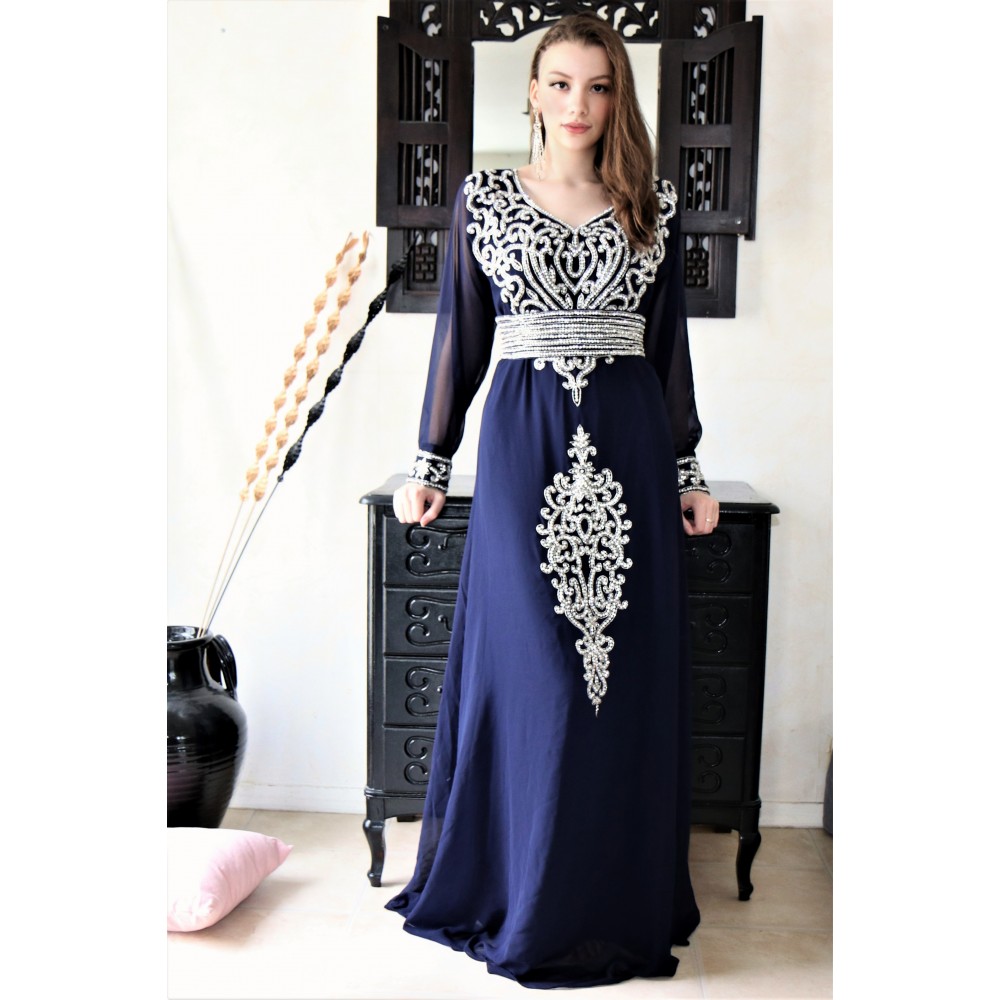 caftan dubai bleu nuit argent