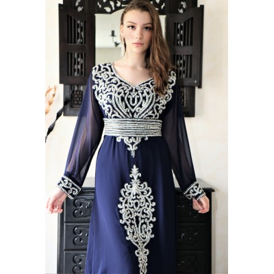 caftan dubai bleu nuit argent