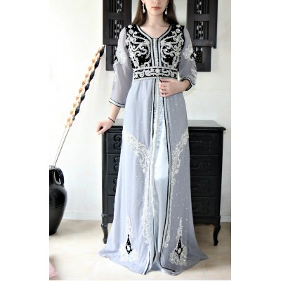 caftan velour mousseline noir et gris