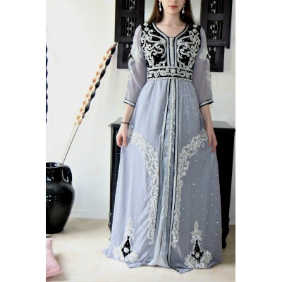 caftan velour mousseline noir et gris