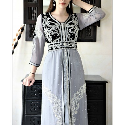 caftan velour mousseline noir et gris