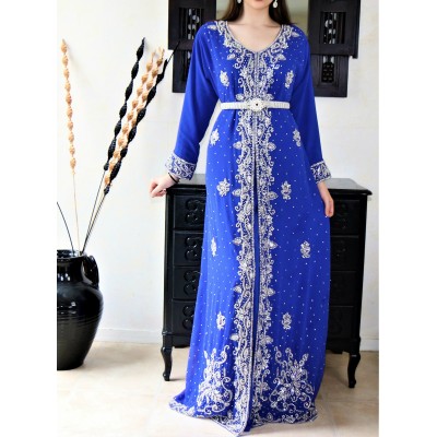 Robe orientale style sari avec cape bleu et argent