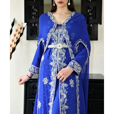 Robe orientale style sari avec cape bleu et argent