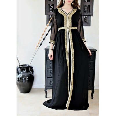 Caftan chic noir et doré perlé