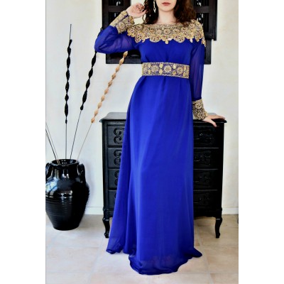 Caftan dubai moderne bleu & doré