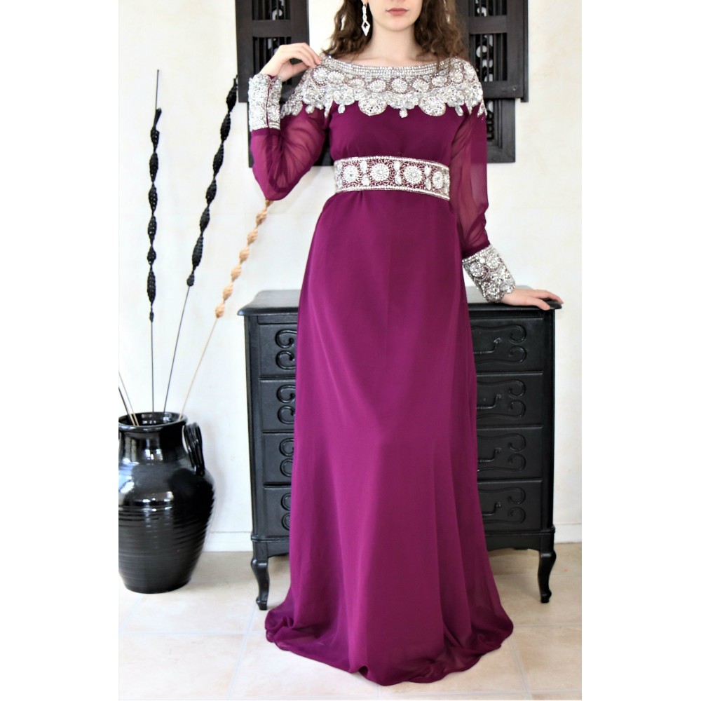 Caftan dubai moderne prune & argent