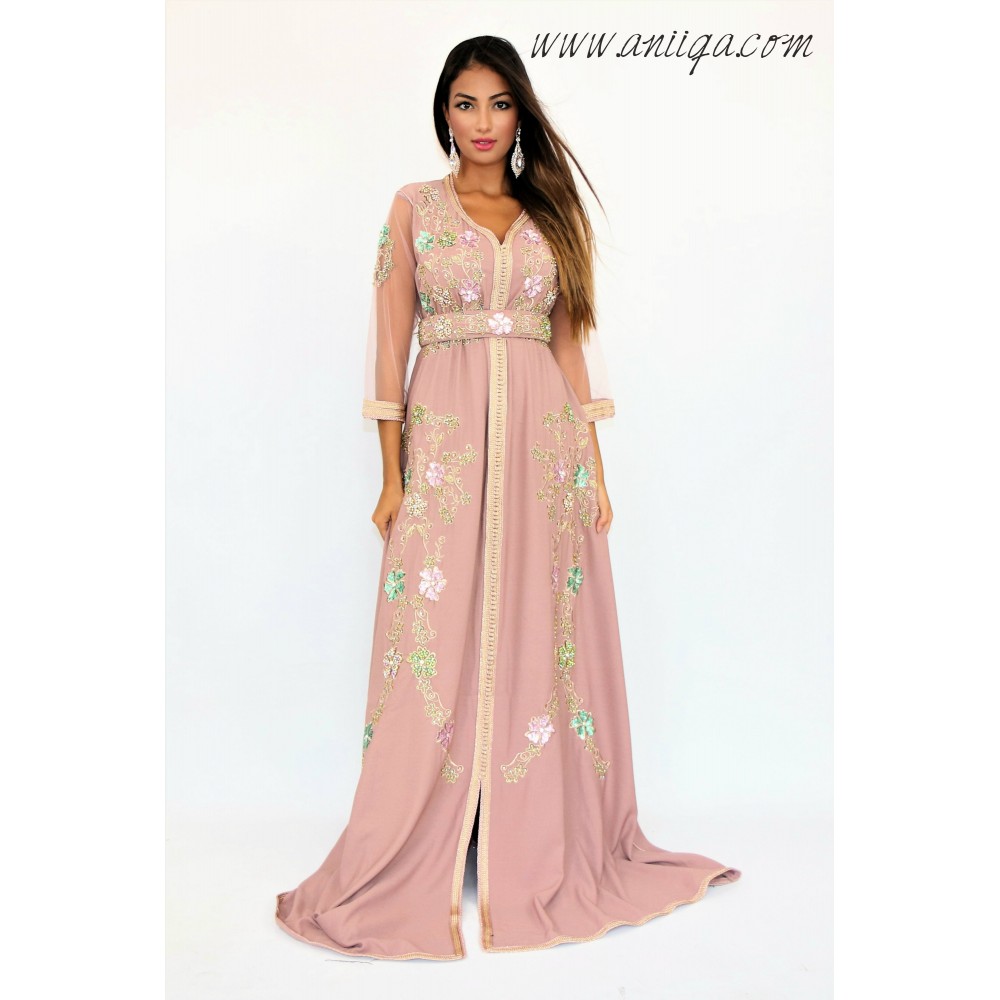 Caftan vieux rose en crêpe inspiration haute couture