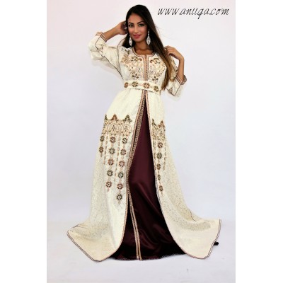 Caftan brocard beige et prune