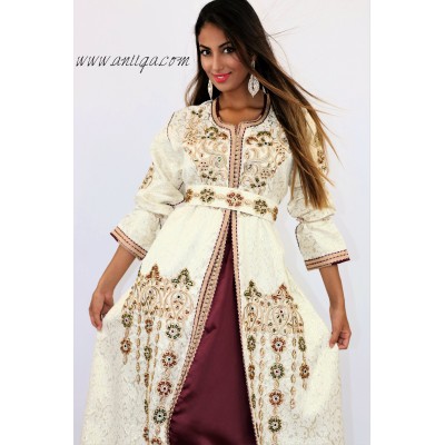 Caftan brocard beige et prune