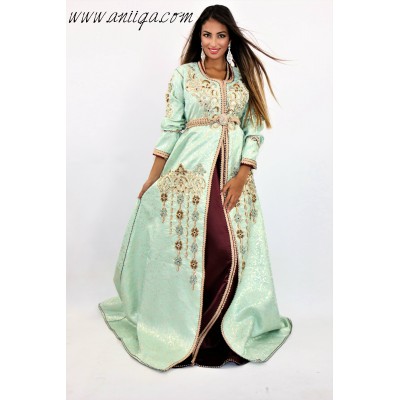 Caftan brocard moderne vert d'eau et prune