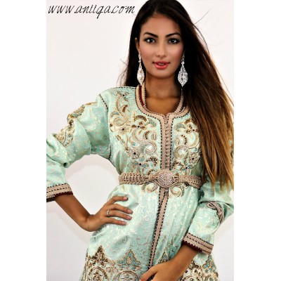 Caftan brocard moderne vert d'eau et prune