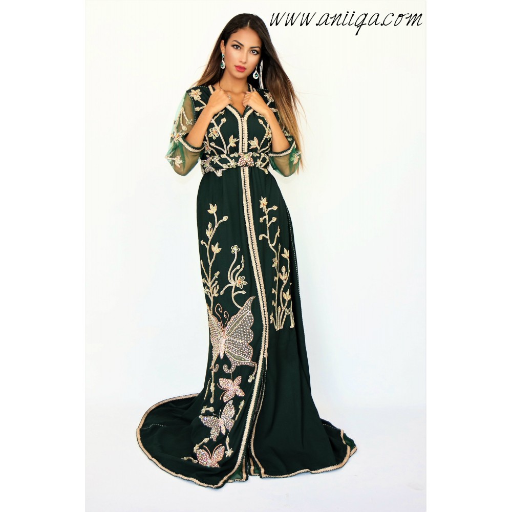 Caftan vert royal en crêpe inspiration haute couture