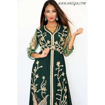 Caftan vert royal en crêpe inspiration haute couture