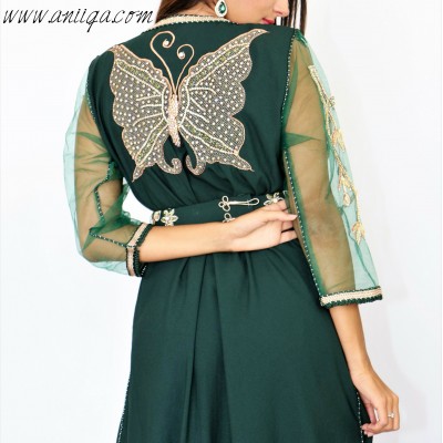 Caftan vert royal en crêpe inspiration haute couture