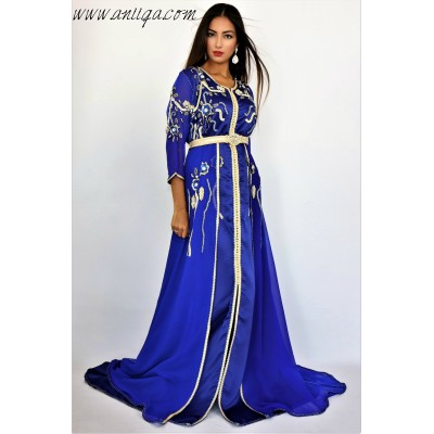 Caftan tendance bleu roi brodé et perlé