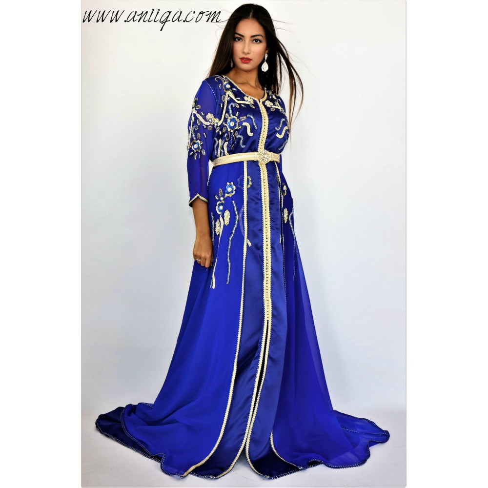 Caftan tendance bleu roi brodé et perlé