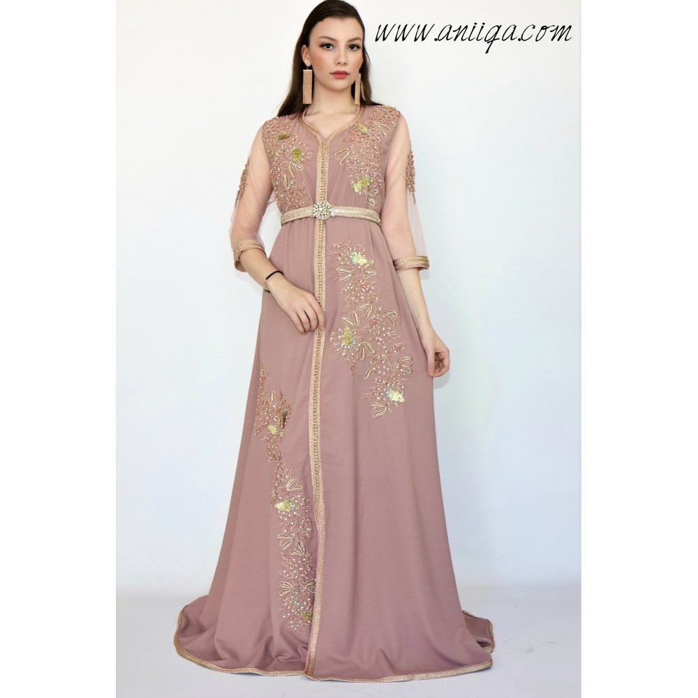 caftan moderne 2018 vieux rose crêpe perlé main