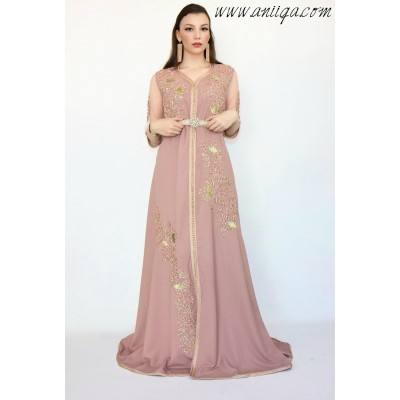 caftan moderne 2018 vieux rose crêpe perlé main