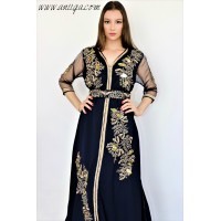 caftan moderne cloche bleu nuit tissu crêpe perlé main