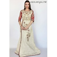 caftan brocard beige et rouge perlé main