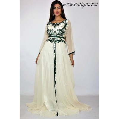 Caftan simple ivoire et vert