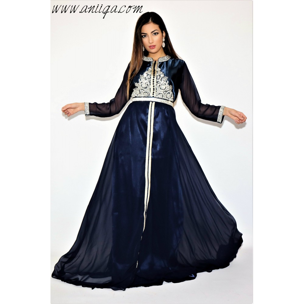 caftan simple et moderne, caftan col officier, caftan bleu nuit pas cher, robe de soirée caftan, caftan simple 2019, caftan bleu