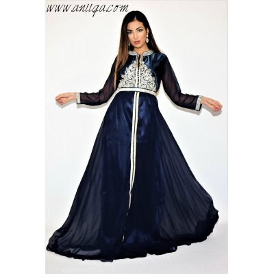 caftan simple et moderne, caftan col officier, caftan bleu nuit pas cher, robe de soirée caftan, caftan simple 2019, caftan bleu