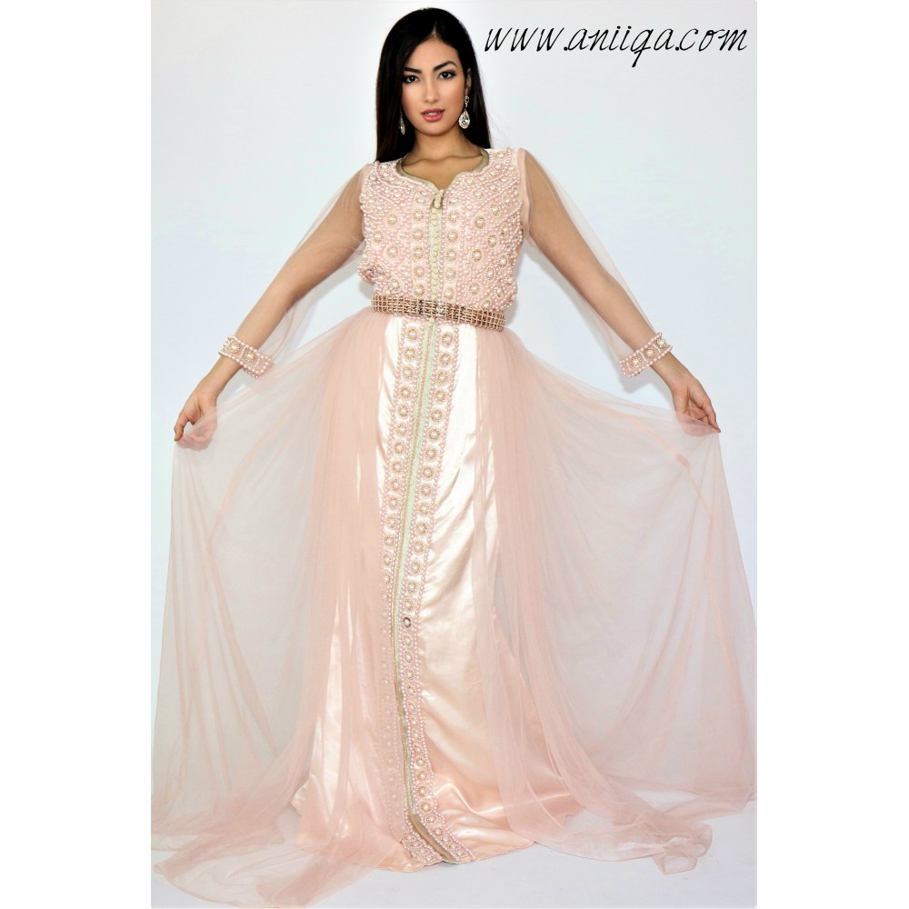 Caftan princesse rose poudré perlé