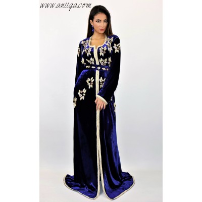 Caftan velours de soie bleu roi perlage main