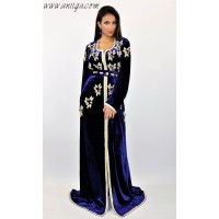 Caftan velours de soie bleu roi perlage main