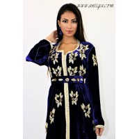 Caftan velours de soie bleu roi perlage main