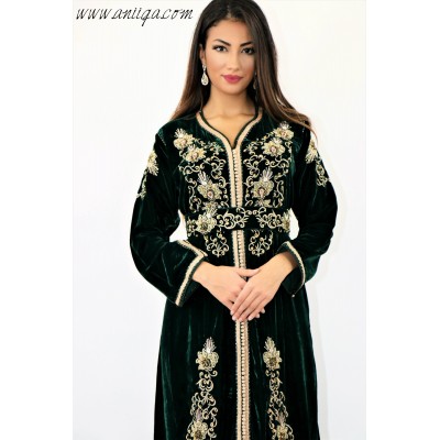 caftan velours de soie vert royal broderies rbati tenbat fait main