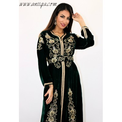 caftan velours de soie vert royal broderies rbati tenbat fait main