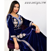 Caftan velours de soie bleu roi perlé main