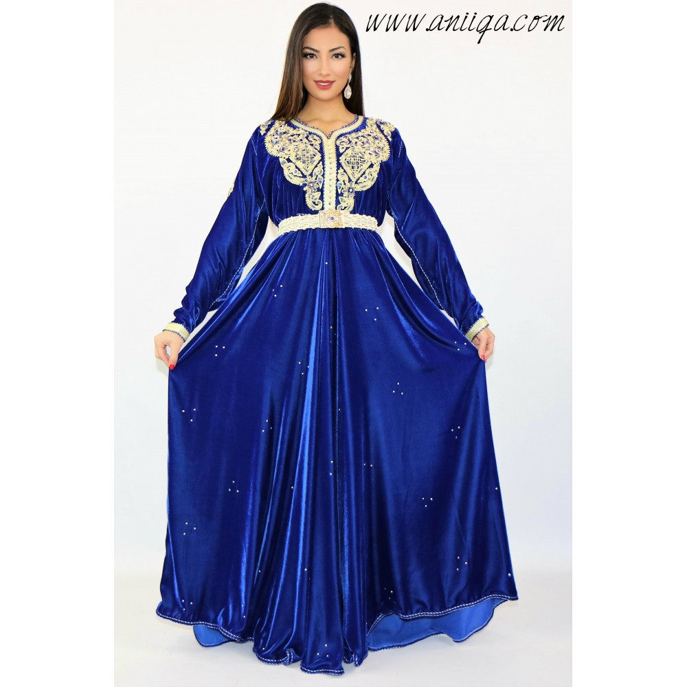 caftan velour cloche, caftan marocain cloche,caftan moderne velour 2019, caftan velour de soie, caftan bleu velour, caftan simpl