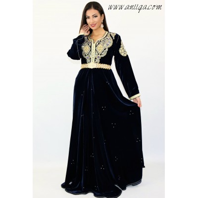 caftan marocain en France vente de caftan pas cher, caftan bleu nuit 2019, caftan simple pas cher, caftan velour moderne et chic