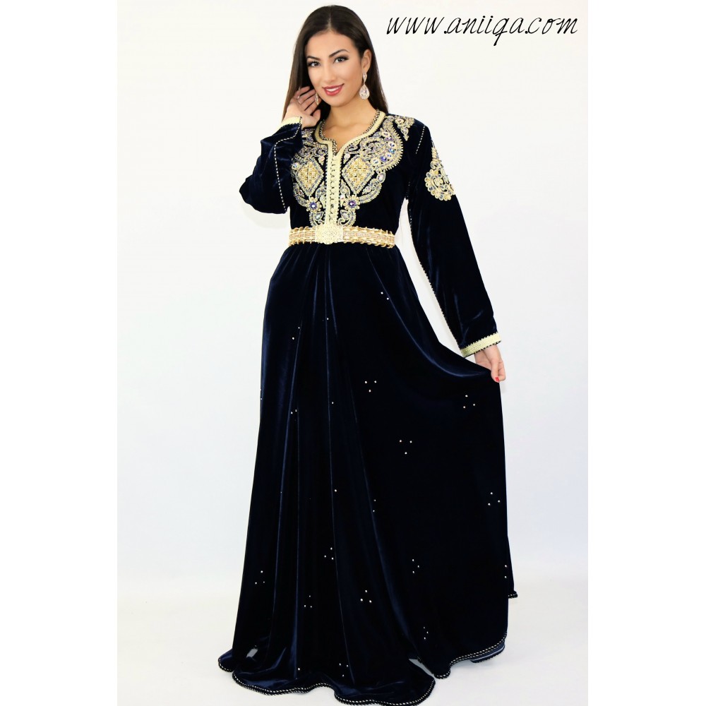 caftan marocain en France vente de caftan pas cher, caftan bleu nuit 2019, caftan simple pas cher, caftan velour moderne et chic