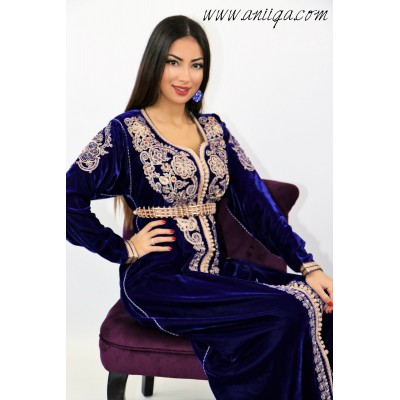 caftan marocain 2019, caftan velour moderne en ligne, caftan bleu velour, caftan pas cher