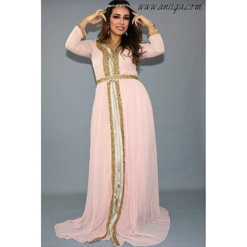 caftan rose poudré mousseline perlage doré