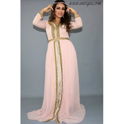 caftan rose poudré mousseline perlage doré