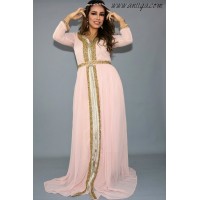 caftan rose poudré mousseline perlage doré