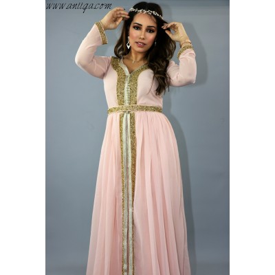 caftan rose poudré mousseline perlage doré