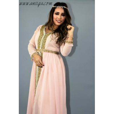 caftan rose poudré mousseline perlage doré