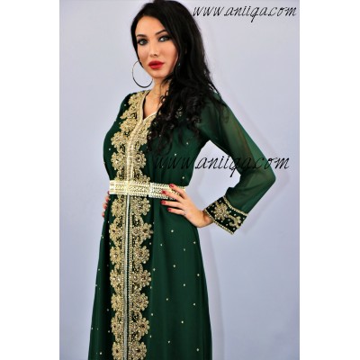 Takchita style sari vert royal et doré