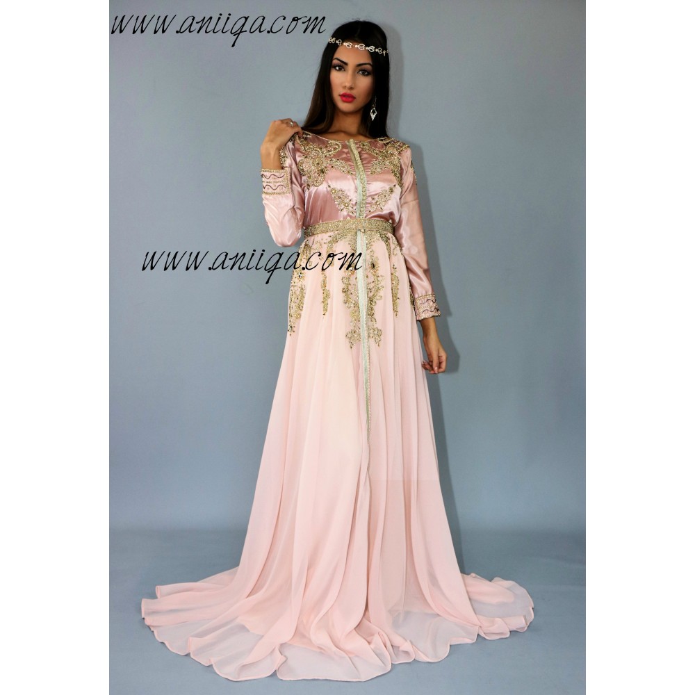 Caftan robe moderne rose poudré et doré